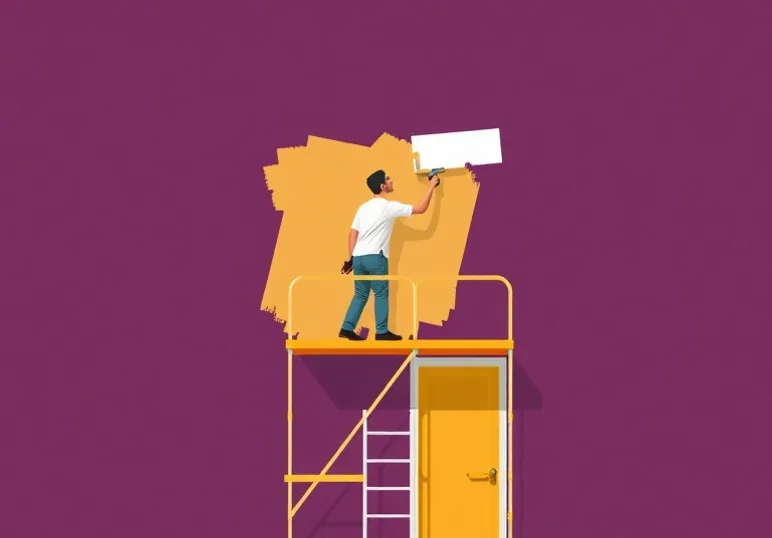 Peintre sur échafaudage traitant la façade d'une maison