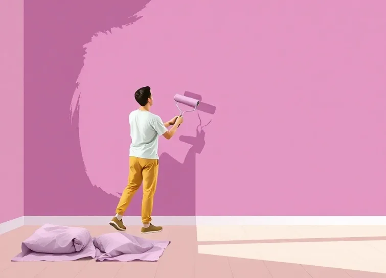 Peintre appliquant la peinture au rouleau sur un mur de salon